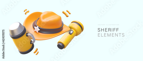 Realistic elements of sheriff style. Vector hat, flashlight, thermos. Accessories of American police officer. Concept for costume party in wild west theme