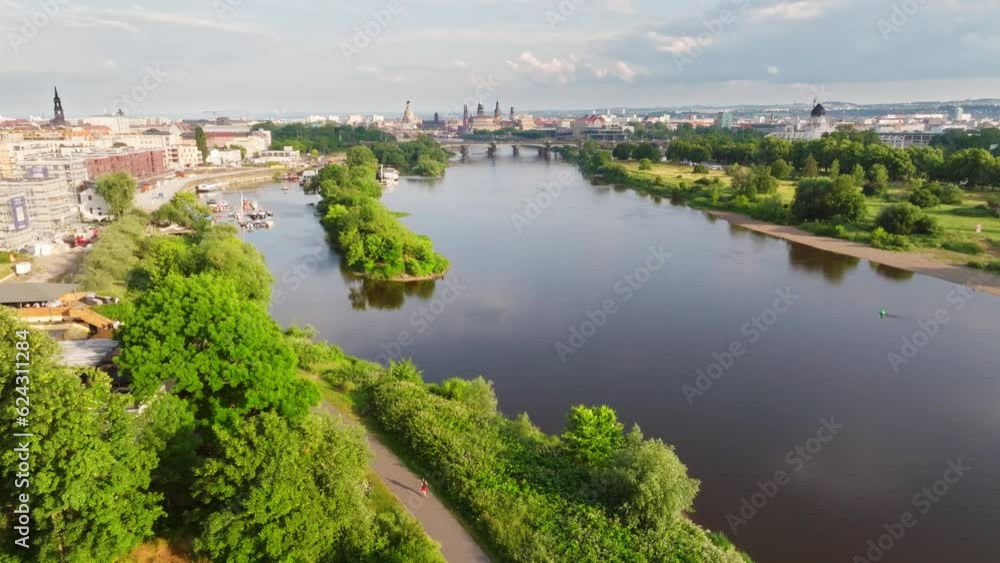 Aerial flight over the river elbe in Dresden. Drone move forward Aerial flight over the river elbe in Dresden. Drone move forward