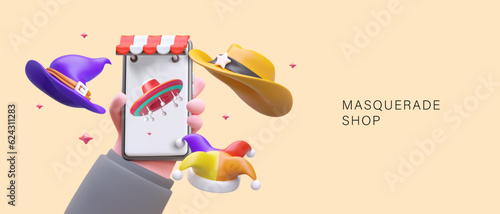 Masquerade hat shop. Advertising of phone application. 3D hand holding smartphone, holiday hats floating. Clothes for carnival holiday, fun. Sale and rental