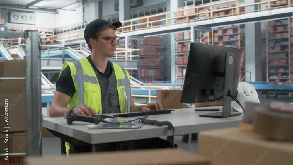 Male Stocking Associate Checking Inventory On Desktop Computer In Warehouse Facility With Automated Conveyor Belt. Logistics Company Employees Carrying Boxes to Package Products And Deliver to Clients Male Stocking Associate Checking Inventory On Desktop Computer In Warehouse Facility With Automated Conveyor Belt. Logistics Company Employees Carrying Boxes to Package Products And Deliver to Clients
