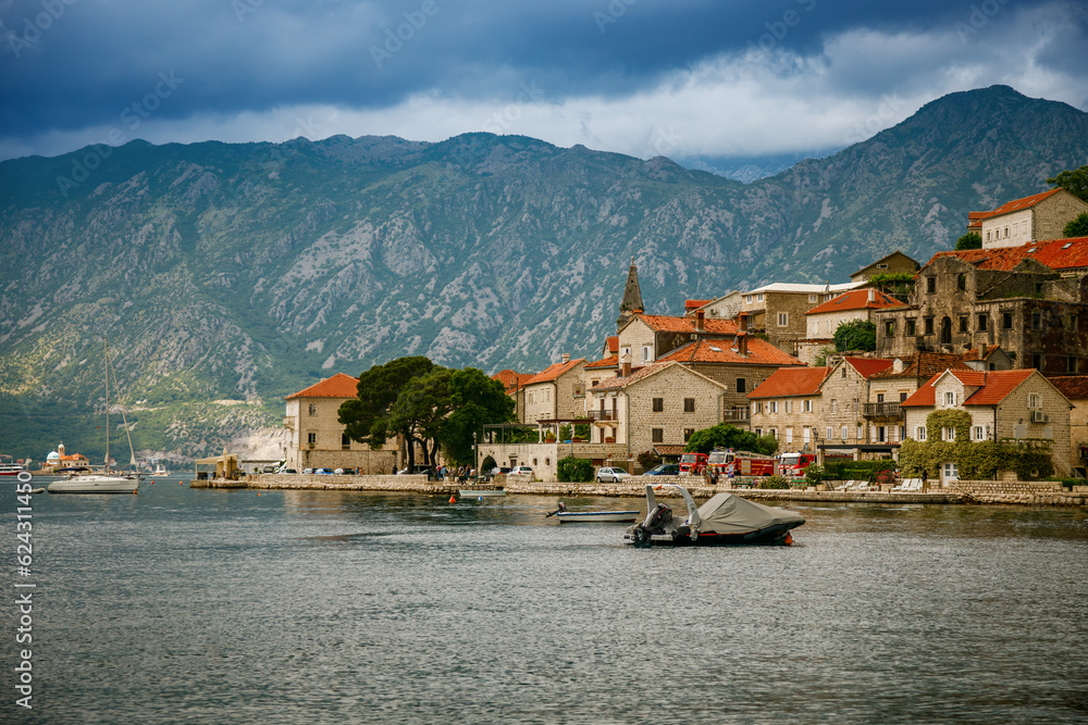 View of charming Village of Perast along the Boka Kotor bay coastline