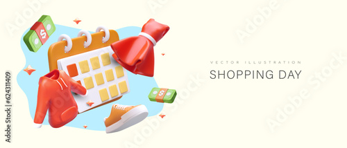 Shopping season. Advertising poster with 3D illustration. Colored floating elements. Reminders about sale day, promotions. Template with place for text