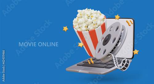 Movie online. Realistic open laptop, bucket full of popcorn, cinematic tape on reel. Family viewing, evening together, fun leisure time for friends. Poster with place for text