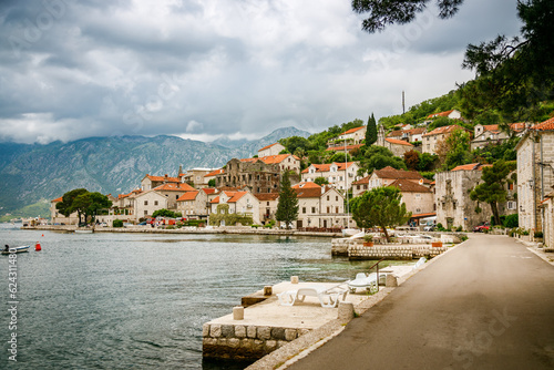 View of the embankment of Perast Village in Montenegro