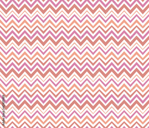 Geometric chevron seamless pattern, zigzag irregular line stripes, 70s hipster style design, triangle shape, pink lilac orange color palette. White background. Vector illustration © ZenZeroArt