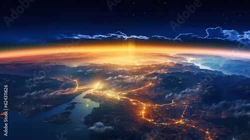 Panoramic view on planet Earth globe from space. Glowing city lights  light clouds. Generative AI