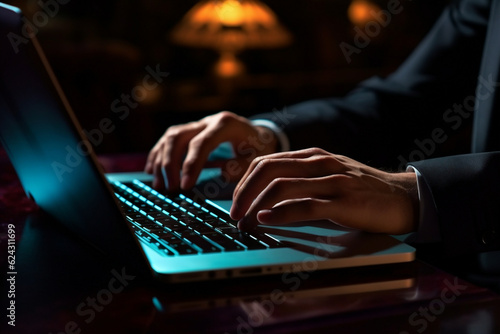 Online programmer hacking business laptop connection digital hand hacker internet dark attack technology