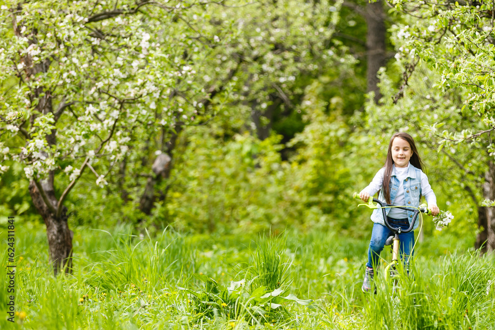 little girl with bicycle near tree with blossoms little girl with bicycle near tree with blossoms