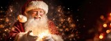 Photo of happy santa claus on defocused bokeh effect background with copy space. Christmas concept.