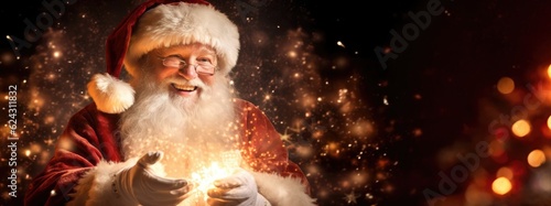 Photo of happy santa claus on defocused bokeh effect background with copy space. Christmas concept. photo