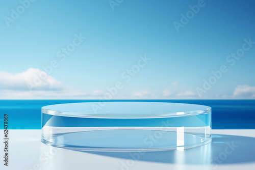 Transparent glass podium on crystal water surface in blue with white clouds sky background. Show case for cosmetic products  new product  promotion sale and presentation. Generative AI