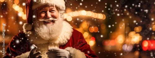 Photo of happy santa claus on defocused bokeh effect background with copy space. Christmas concept.