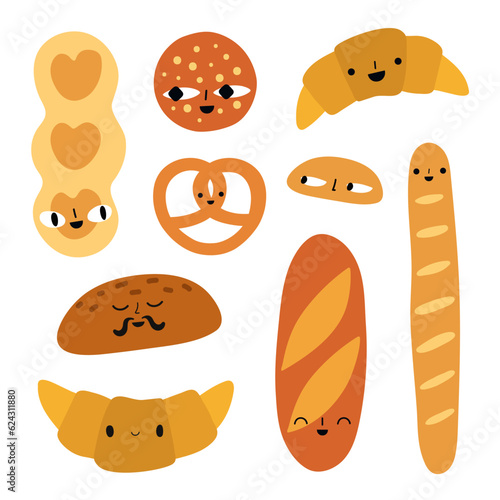 Vector illustration set with bakery croissant, bun, baguette and other things. Doodle breakfast sticker pack design