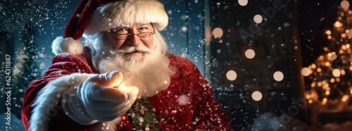 Photo of happy santa claus on defocused bokeh effect background with copy space. Christmas concept. photo