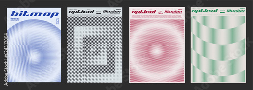 Set Of Cool Halftone Abstract Geometric Posters. Modern Geometrical Pattern Shapes.