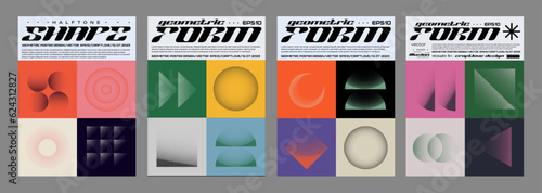 Cool Abstract Geometric Background Swiss Design. Halftone Vector Bitmap Shapes. Bauhaus Artwork. Postmodern Illustration.