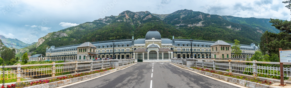 Panoramic view of the old Canfranc train station in the Aragonese Pyrenees. Spain