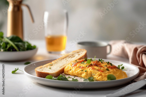 Egg omelet. The breakfast is beautifully served in the restaurant. Generative AI.