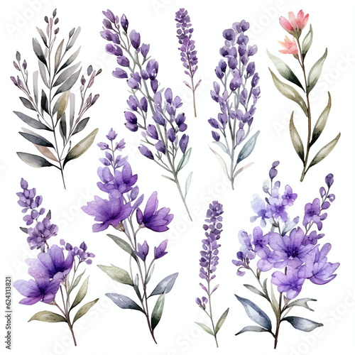 Blumen zum Dekorieren einer Hochzeitskarte mit Lilien und Orchideen in violette Farbton, Aquarell Stil, 8, AI generiert