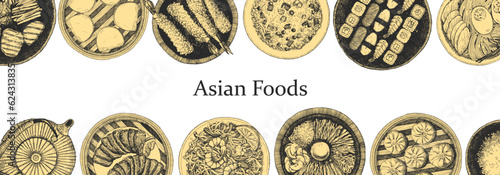 Asian Restaurant Menu. Hand-drawn illustration of dishes and products. Ink. Vector