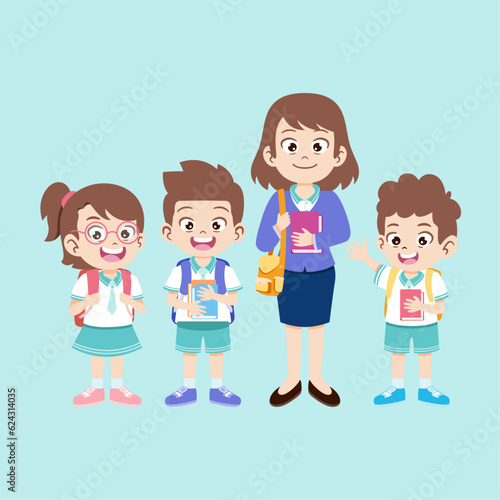 Vector happy cute kids smile with teacher together