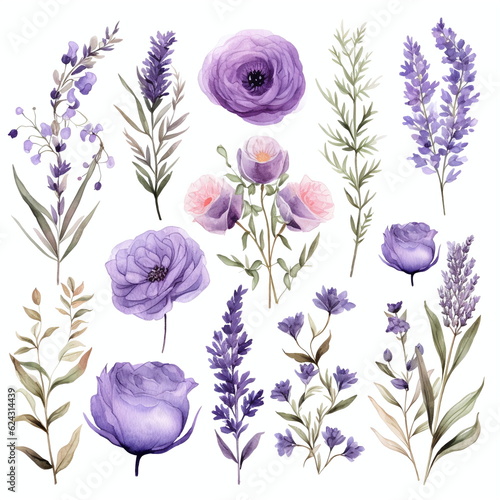 Blumen zum Dekorieren einer Hochzeitskarte mit Lilien und Orchideen in violette Farbton, Aquarell Stil, 14, AI generiert