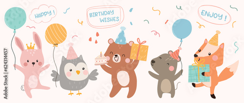 Happy birthday concept animal vector set. Collection of adorable wildlife, fox, bird, bear, rabbit. Birthday party funny animal character illustration for greeting card, invitation, kid, education.