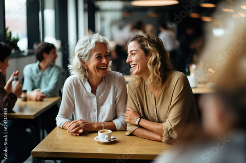 AI generated image of senior mother and daughter on coffee