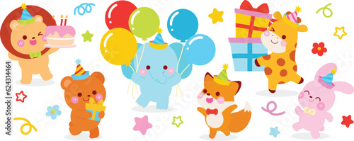 Happy birthday concept animal vector set. Collection of adorable wildlife, lion, elephant, giraffe. Birthday party funny animal character illustration for greeting card, invitation, kid, education.
