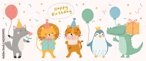 Happy birthday concept animal vector set. Collection of adorable wildlife, fox, penguin, tiger, lion. Birthday party funny animal character illustration for greeting card, invitation, kid, education. © TWINS DESIGN STUDIO