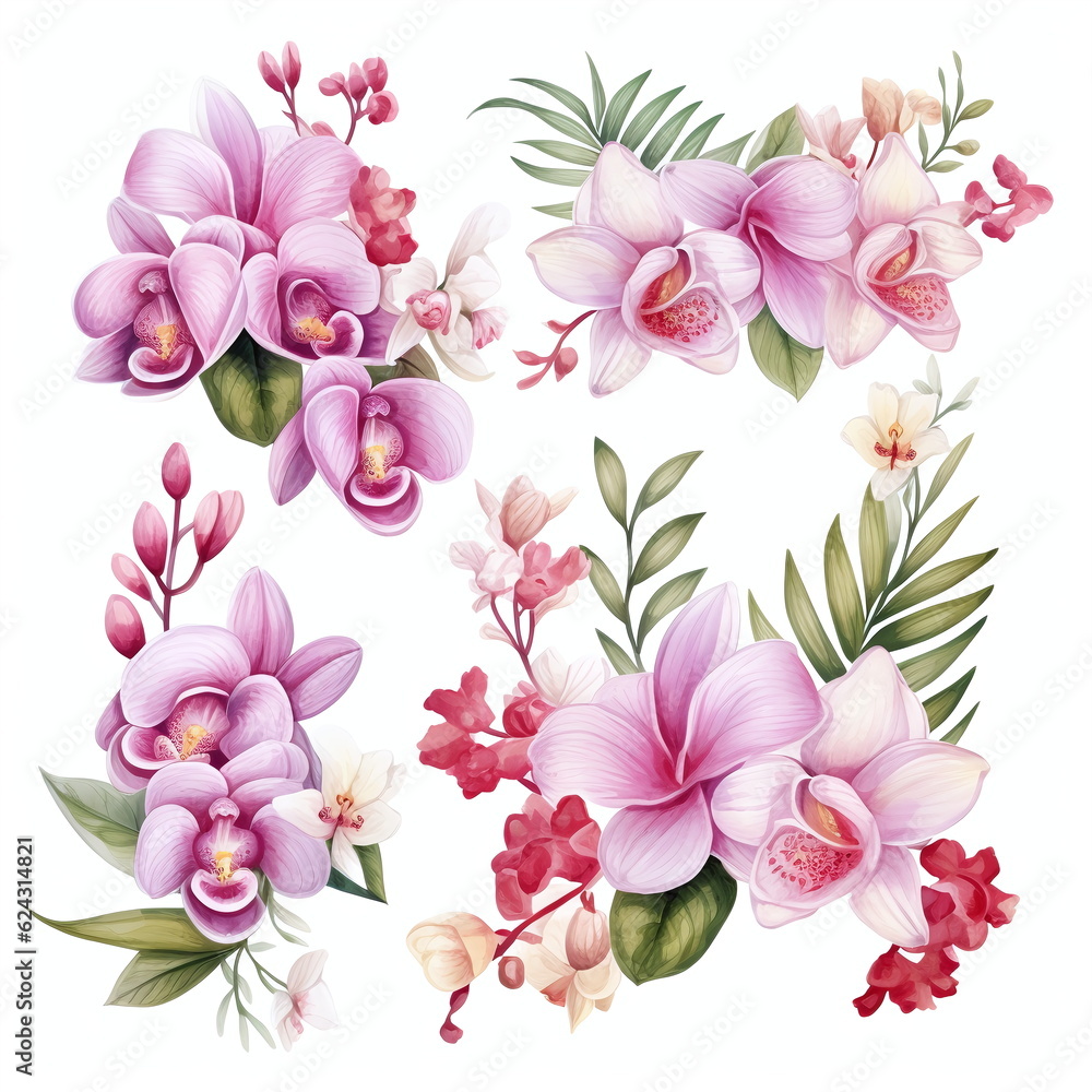 Blumen zum Dekorieren einer Hochzeitskarte mit orchideen und frangipani in verschiedenen Farbtönen, Aquarell Stil, 1, AI generiert