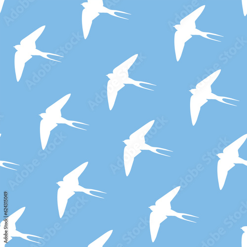 Martin bird silhouette seamless pattern. White swallows silhouette on blue sky ornament. Vector illustration