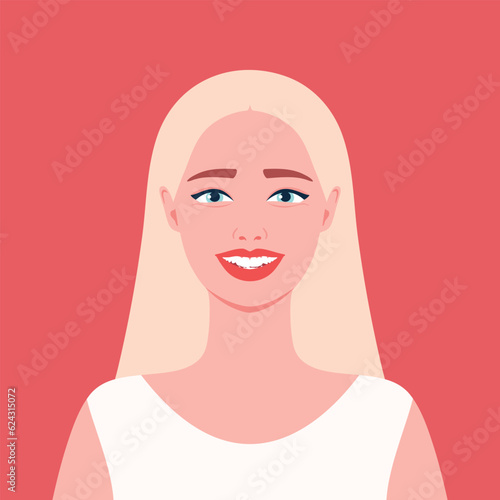 Young blonde woman is smiling. Smile with crowded teeth. Bite type. Girl portrait in a flat style