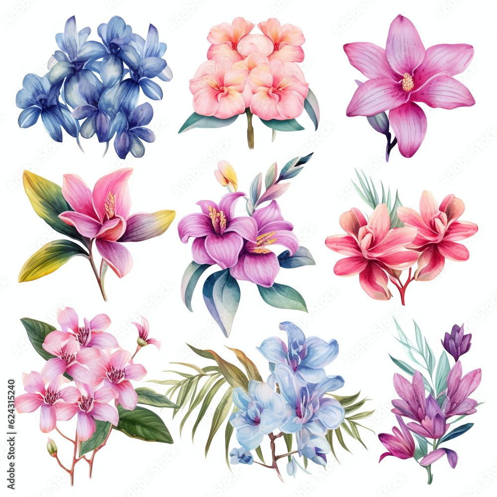 Blumen zum Dekorieren einer Hochzeitskarte mit orchideen und frangipani in verschiedenen Farbtönen, Aquarell Stil, 6, AI generiert