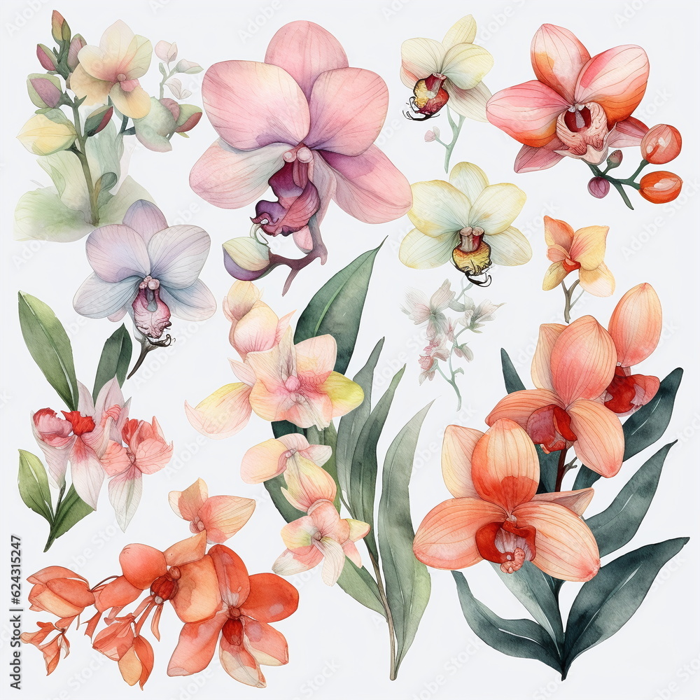 Blumen zum Dekorieren einer Hochzeitskarte mit orchideen und frangipani in verschiedenen Farbtönen, Aquarell Stil, 7, AI generiert