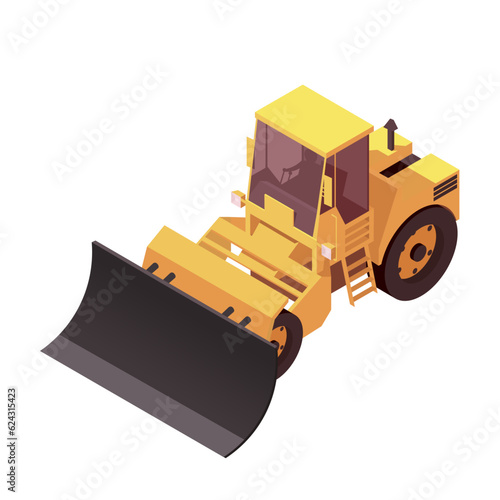 Bulldozer machine. Work vehicle. Tractor, transport equipment. Industry wheel power. Heavy yellow car. Modern cartoon industrial construction. Universal hydraulic auto. Isometric vector illustration