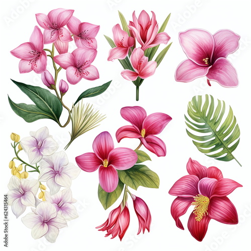 Blumen zum Dekorieren einer Hochzeitskarte mit orchideen und frangipani in verschiedenen Farbtönen, Aquarell Stil, 11, AI generiert © Stefan Freytag