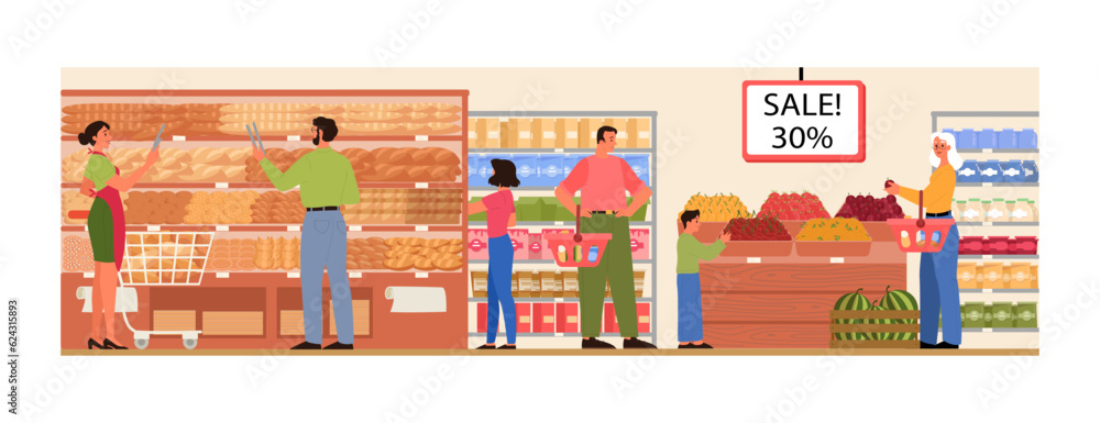 Supermarket interior. Grocery shop with cashier and customers