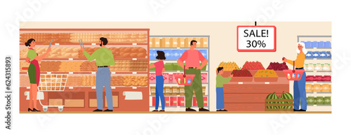 Supermarket interior. Grocery shop with cashier and customers