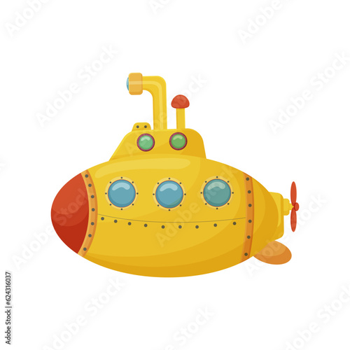 Cartoon submarine in sea. Submarine for nautical research. Marine boat for deep underwater transportation. Toy, periscope, vessel isolated on white background. Vector illustration