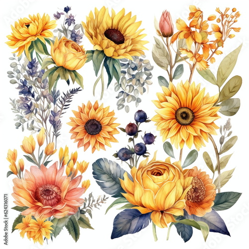 Blumen zum Dekorieren einer Hochzeitskarte mit  Sonnenblumen und Dahlien in gelben und roten Farbt  nen  Aquarell Stil  8  AI generiert