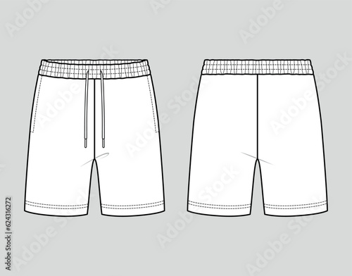 Sweat shorts with elastic waist. Unisex style. Vector technical sketch. Mockup template.