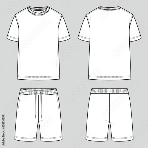 Unisex set. T-shirt round neck and sweat shorts with elastic waist. Oversize fit. Unisex style. Vector technical sketch. Mockup template.