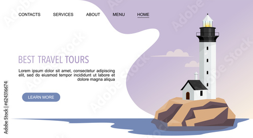 Best travel tours Landing web page with lighthouse on the island by the sea