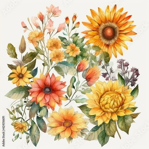 Blumen zum Dekorieren einer Hochzeitskarte mit Sonnenblumen und Dahlien in gelben und roten Farbtönen, Aquarell Stil, 16, AI generiert