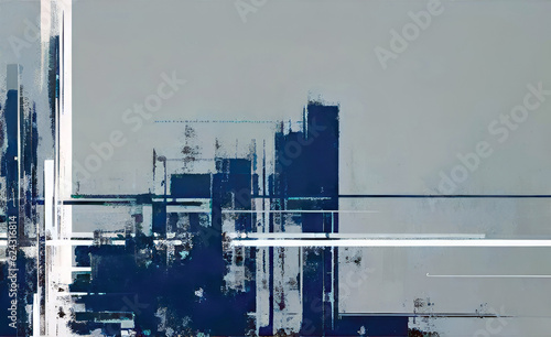 Informalism style abstract art cover template with a rough blue and white lines and blocks pattern on a plain blank grey background.