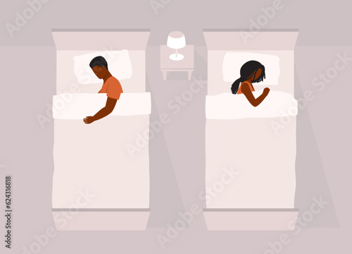 Top View Of  Young Black Couple Sleeping Separately In Twin Beds. Flat Design Style, Character, Cartoon.