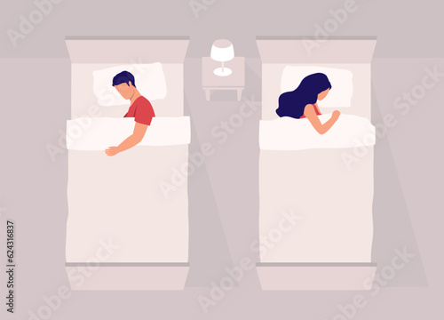 Top View Of  Young Couple Sleeping Separately In Twin Beds. Flat Design Style, Character, Cartoon.