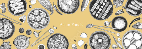 Asian Restaurant Menu. Hand-drawn illustration of dishes and products. Ink. Vector