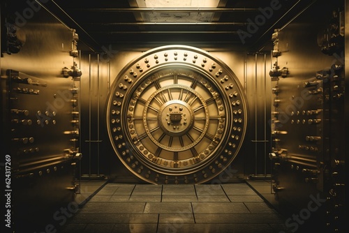 Exploring the Wealth of a Bank Vault: Unveiling the Golden Walls, Stacks of Gold Bars, and Currency Reserves, Generative AI.